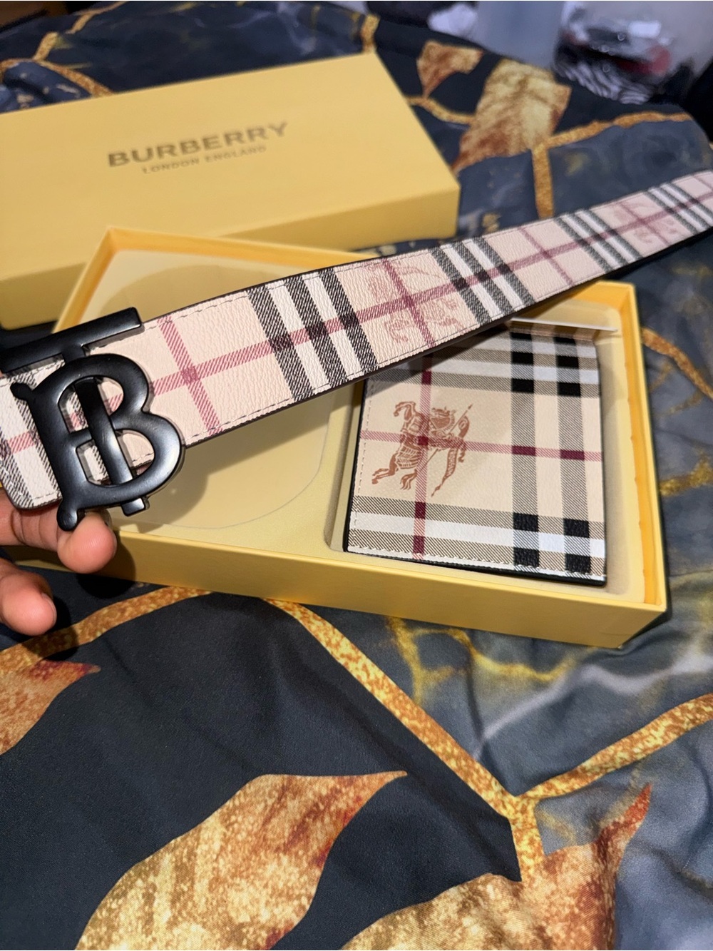 Burberry Beige Vintage Check Belt with Black TB Buckle along with wallet